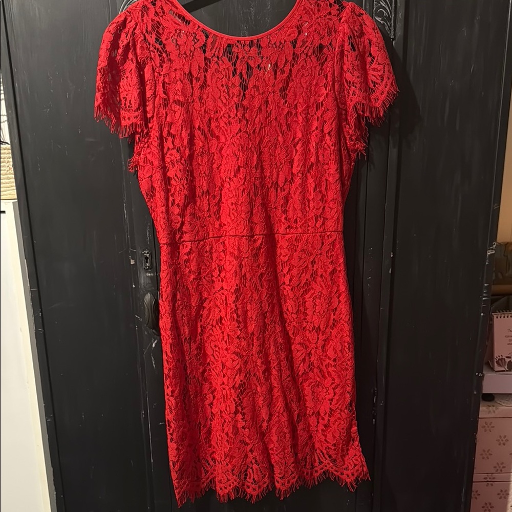 ANDREE BY UNIT Red Flutter Sleeve Lace Sheath Dress